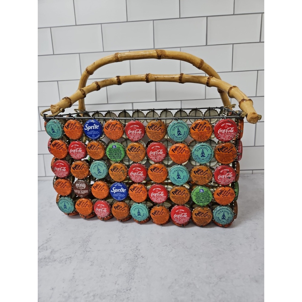 Whimsical Vintage Bottle Cap Wire Basket 10.5" X 6" Tote